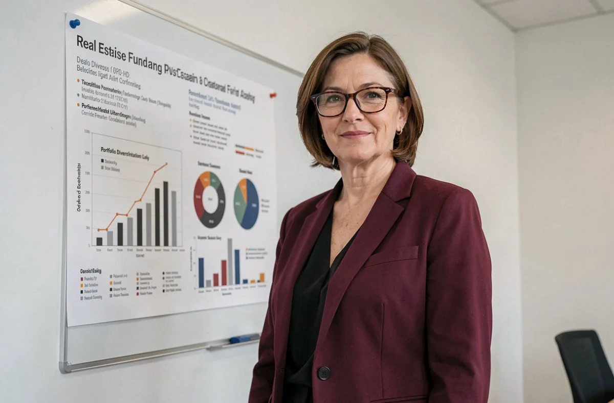 Conseillère financière présentant les performances d'une SCPI devant un tableau de graphiques immobiliers