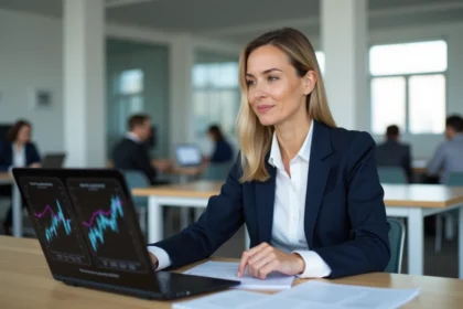 Conseillère financière professionnelle consultant un tableau de bord de suivi de financement client sur ordinateur portable dans un bureau moderne