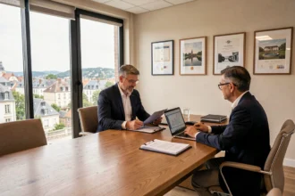 Conseiller en gestion de patrimoine recevant un couple dans un bureau professionnel de la Somme