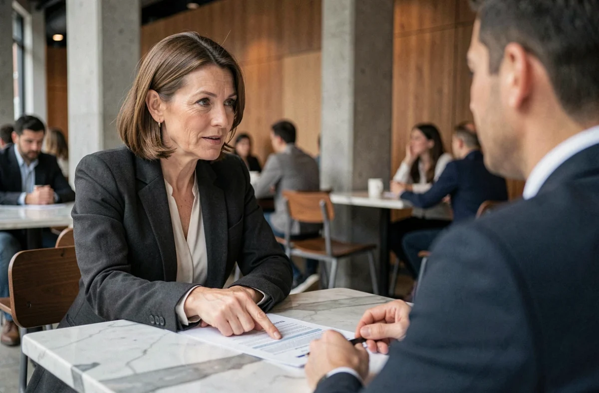 Consultante en profession libérale expliquant les conditions de paiement comptant à un client dans un café