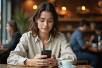 Femme consultant ses comptes bancaires Crédit Agricole sur smartphone dans un café