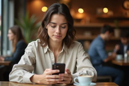 Femme consultant ses comptes bancaires Crédit Agricole sur smartphone dans un café