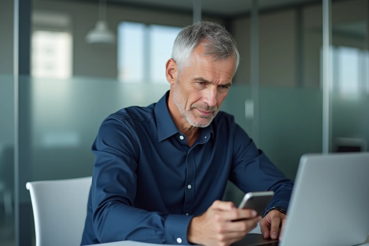 Homme consultant ses comptes bancaires en ligne sur smartphone et ordinateur portable dans un bureau professionnel
