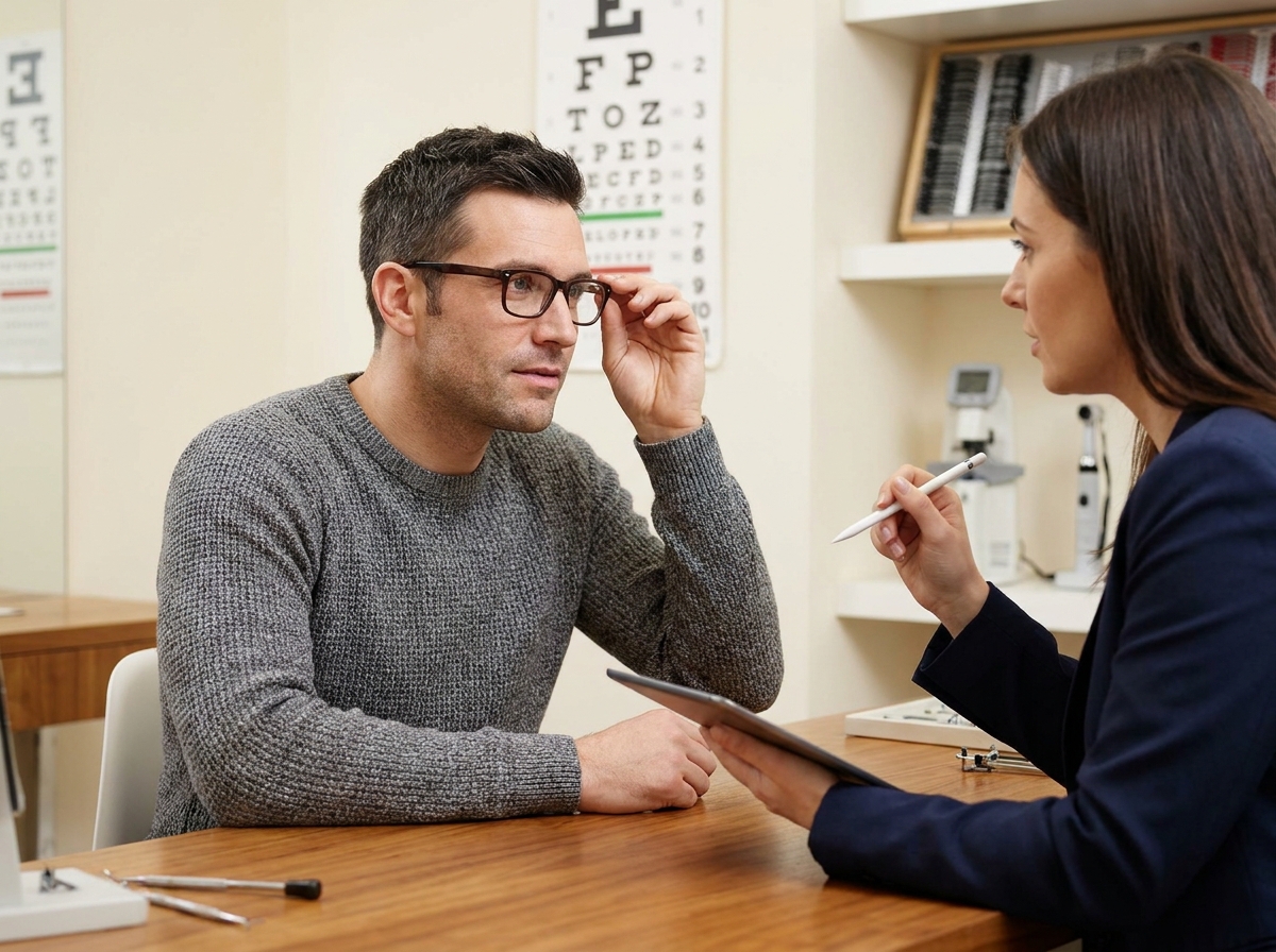 Client essayant des lunettes d'occasion lors d'une consultation avec un opticien professionnel