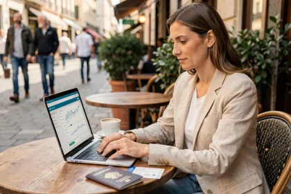 Femme consultant son compte bancaire SG en ligne depuis une terrasse de café à l'étranger avec son ordinateur portable