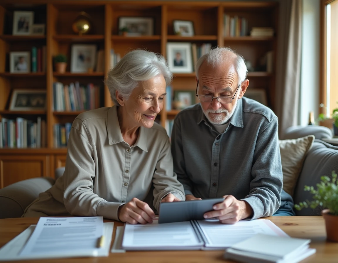 Couple de seniors examinant les avantages de leur compte Coopanet particulier à domicile