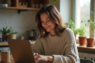 Femme utilisant un espace client Coopanet sur son ordinateur portable dans une cuisine moderne