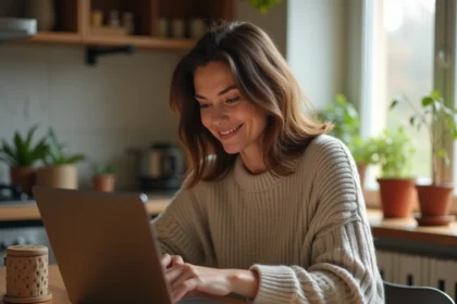 Femme utilisant un espace client Coopanet sur son ordinateur portable dans une cuisine moderne