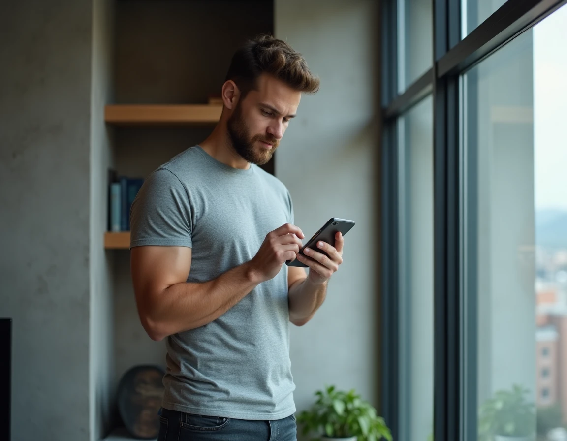 Homme consultant son compte Coopanet particulier sur smartphone dans un appartement urbain