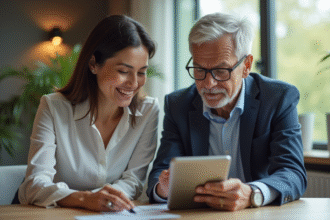 Couple utilisant une tablette pour banque digitale dans un salon lumineux