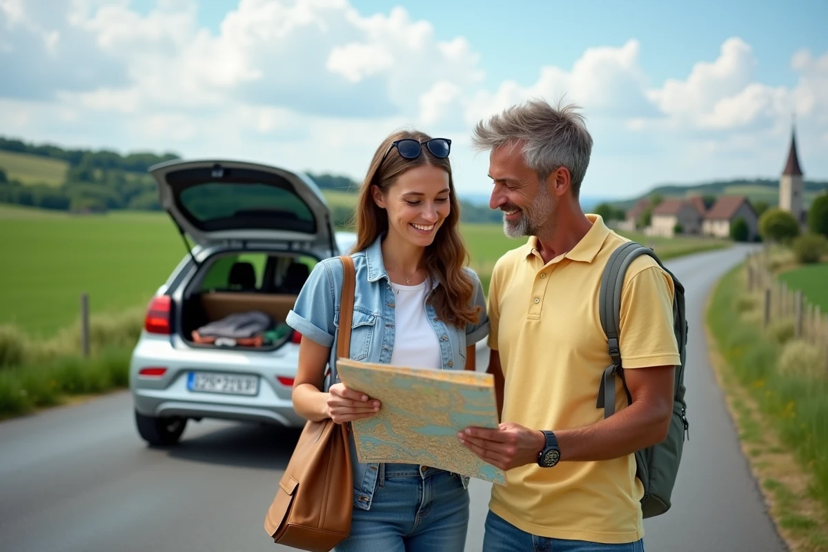 Couple planifiant un road trip avec des chèques vacances et une carte routière devant leur voiture en campagne française, questionnant l'usage des chèques vacances pour l'essence en 2026