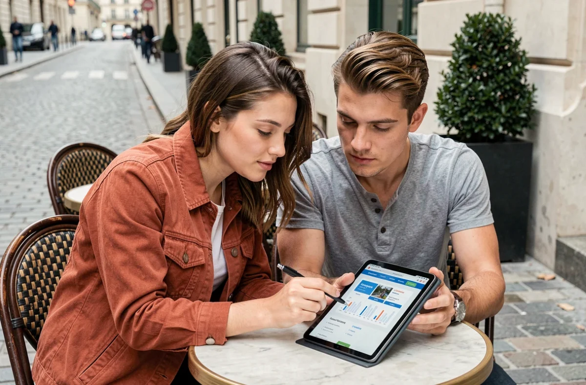 Couple comparant les avis sur l'assurance voyage Chapka sur une tablette dans un café parisien