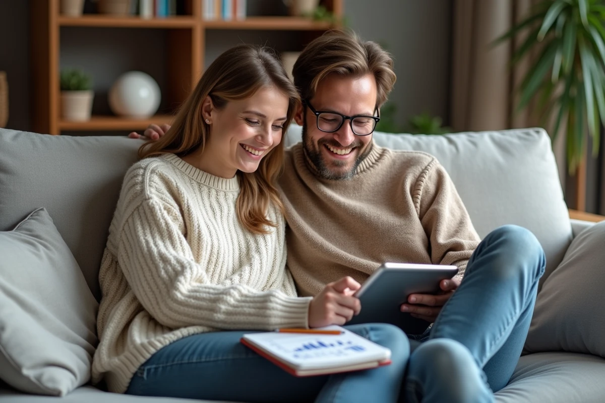 Couple comparant des livrets d'épargne bancaire sur une tablette depuis leur salon pour optimiser leurs intérêts