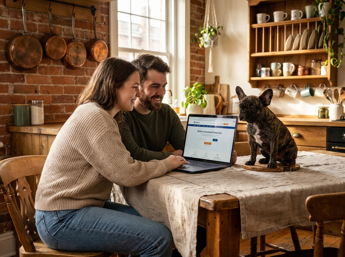 Couple comparant des formules d'assurance animaux sur un ordinateur avec leur bouledogue français