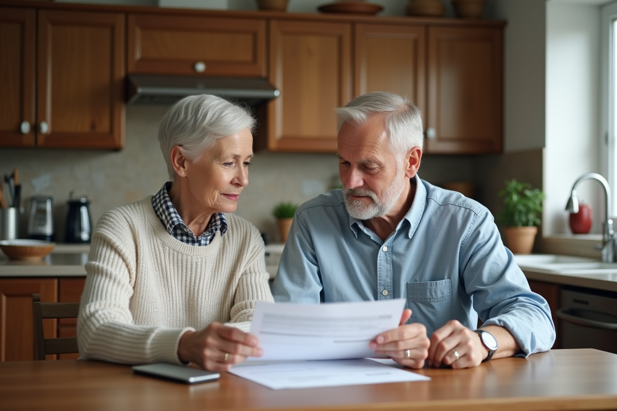 Couple âgé discutant de leur prêt immobilier à la maison