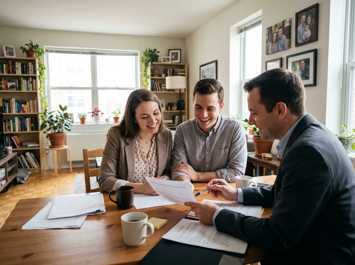 Jeune couple et broker discutant de documents à la maison