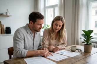 Couple en train d'examiner des documents de prêt immobilier à table dans un appartement moderne
