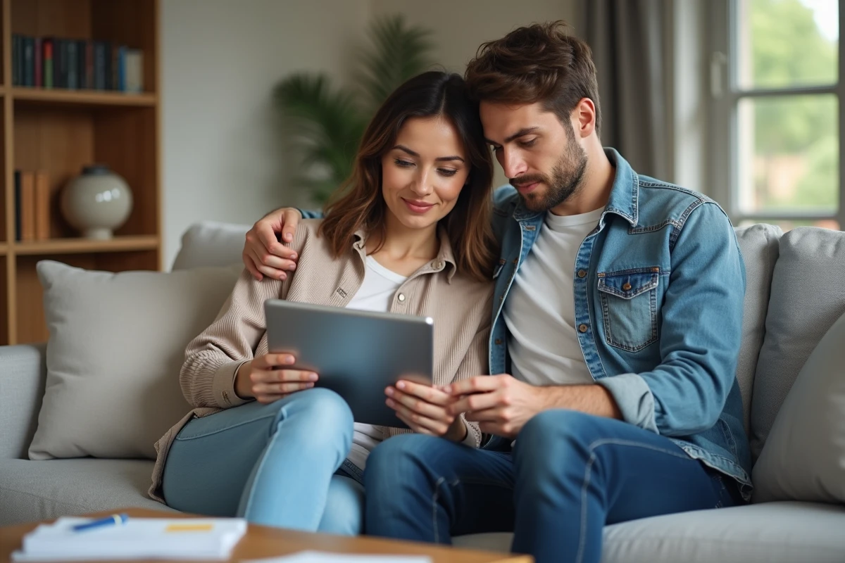 Couple consultant ensemble le tableau de bord Banque Populaire Cyberplus sur une tablette dans le salon
