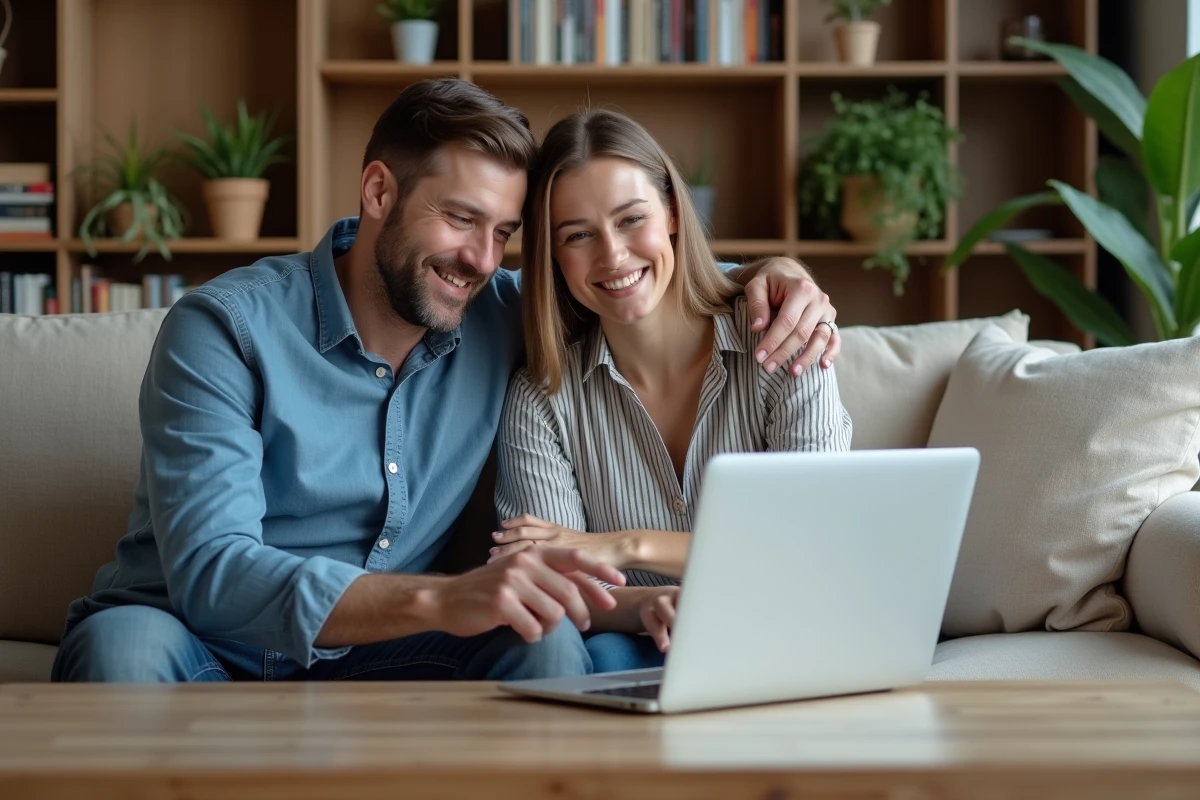 Couple gérant ensemble les finances familiales sur un ordinateur portable dans un salon cosy