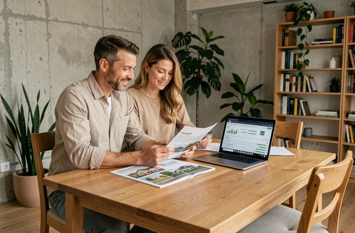 Couple étudiant un investissement en SCPI depuis leur domicile avec brochures et ordinateur portable