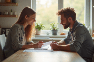 Jeune couple lisant documents de pret immobilier