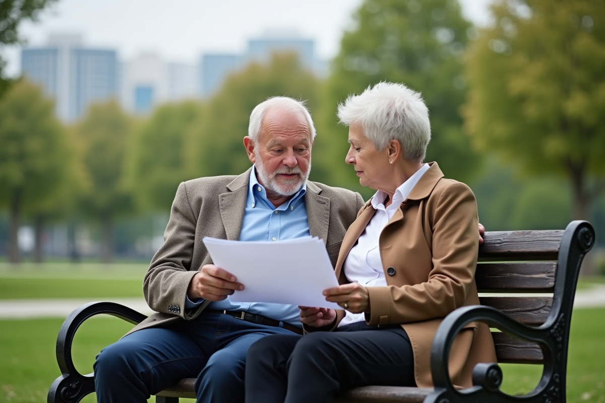 Couple âgé examinant des documents financiers dans un parc