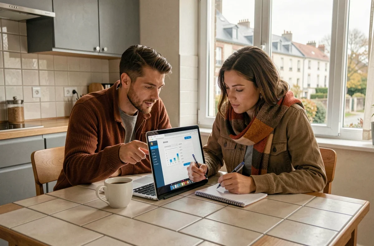 Couple de particuliers consultant les offres bancaires du Crédit Agricole Nord Midi-Pyrénées sur un ordinateur portable depuis leur domicile