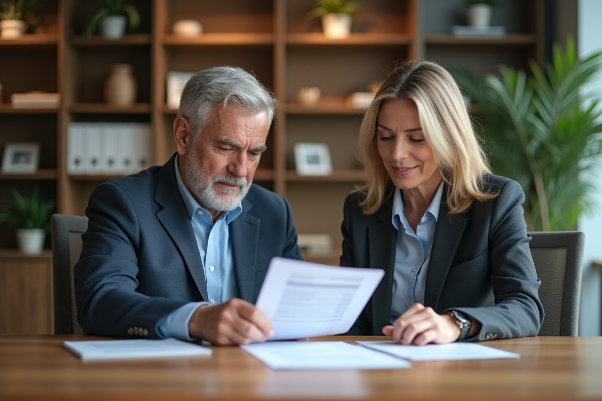 Couple d'adultes en réunion de pension dans un bureau moderne