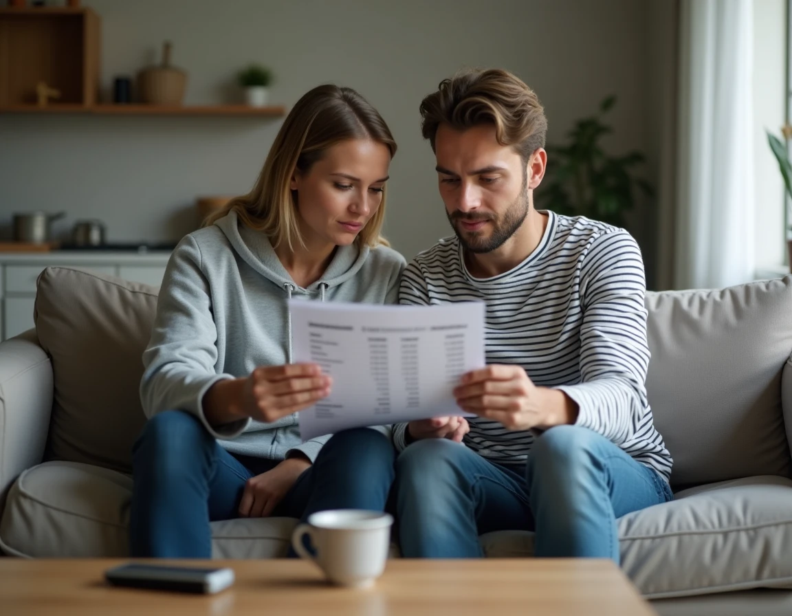 Couple examinant un document de calcul de salaire pour déterminer leur droit à la prime d'activité