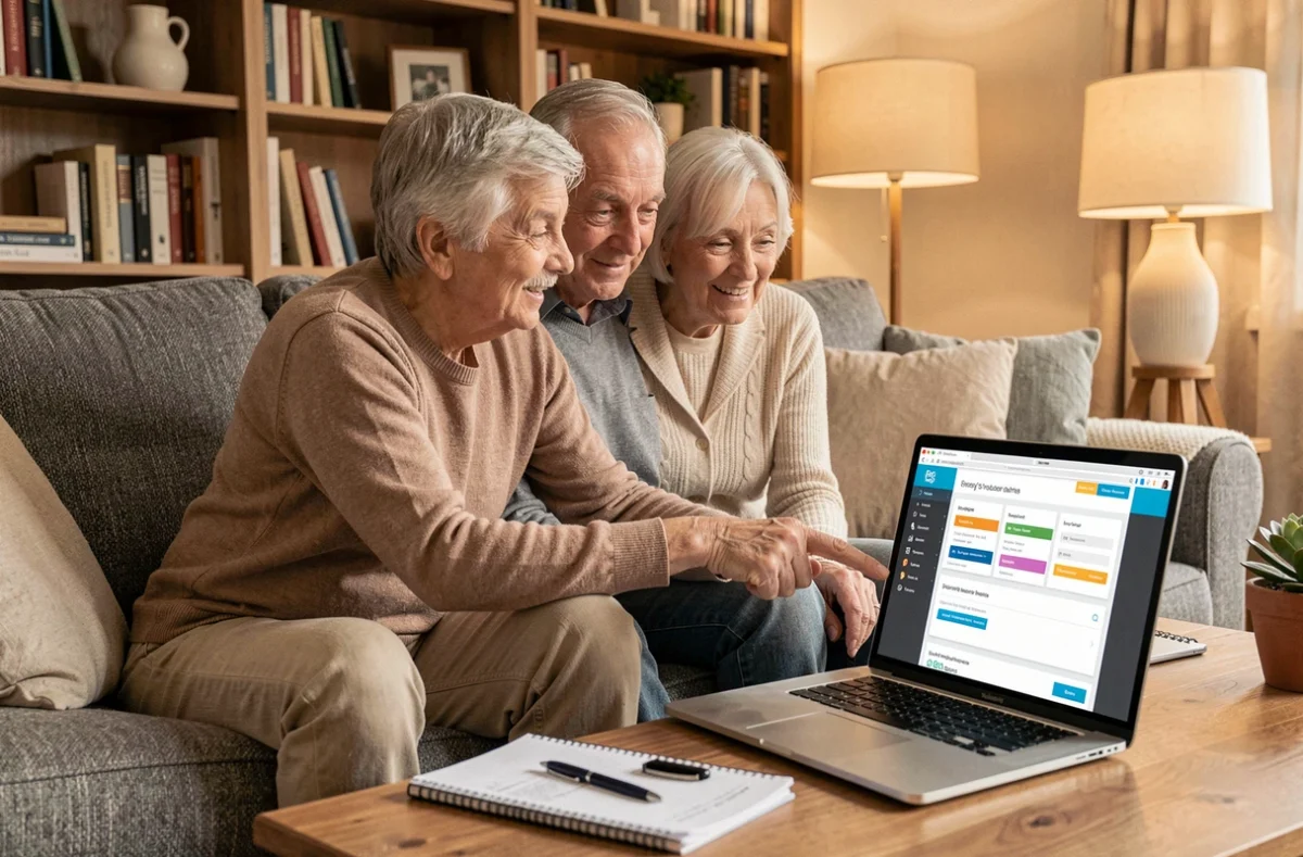 Un couple de seniors compare des offres de mutuelle santé sur un ordinateur portable