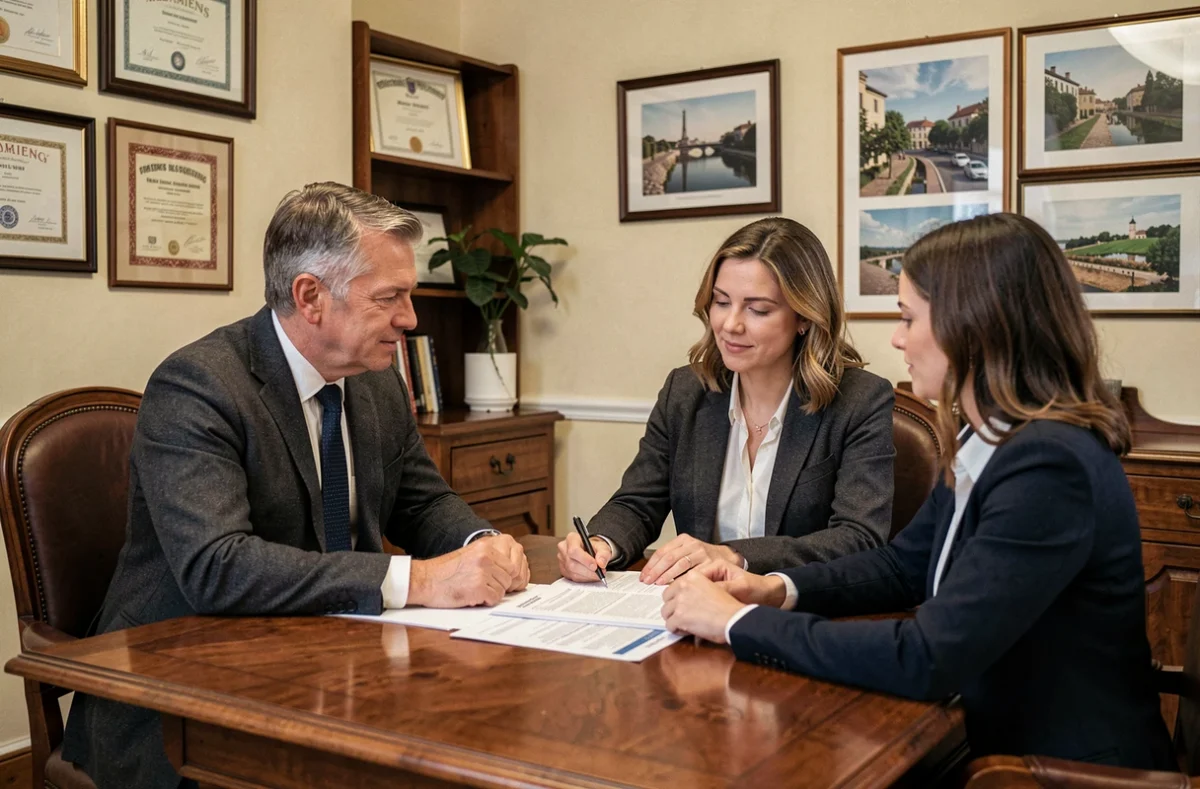 Consultant du Cabinet Courtage Conseil Assurance à Amiens avec des clients pour une assurance auto