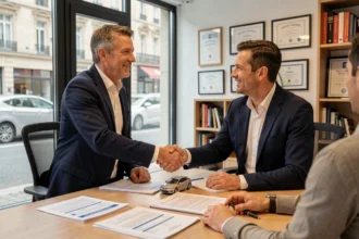 Courtier en assurance auto dans les Hauts-de-France conseillant un client dans une agence professionnelle