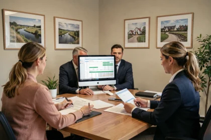 Courtier en crédit immobilier dans l'Eure conseillant un couple pour leur prêt immobilier dans un bureau professionnel