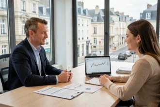 Un courtier en rachat de crédit conseille un couple dans une agence moderne du Nord de la France