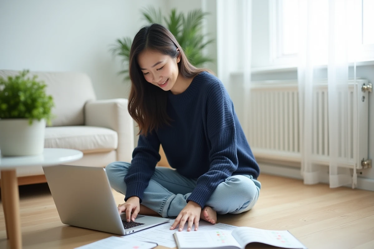 Jeune femme débutante en trading assise au sol avec un ordinateur portable et un carnet de plan de trading boursier