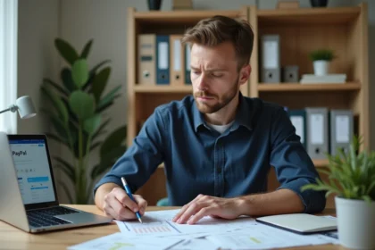 Homme remplissant le formulaire 3916 bis à son bureau avec des relevés bancaires et un compte PayPal ouvert sur son ordinateur