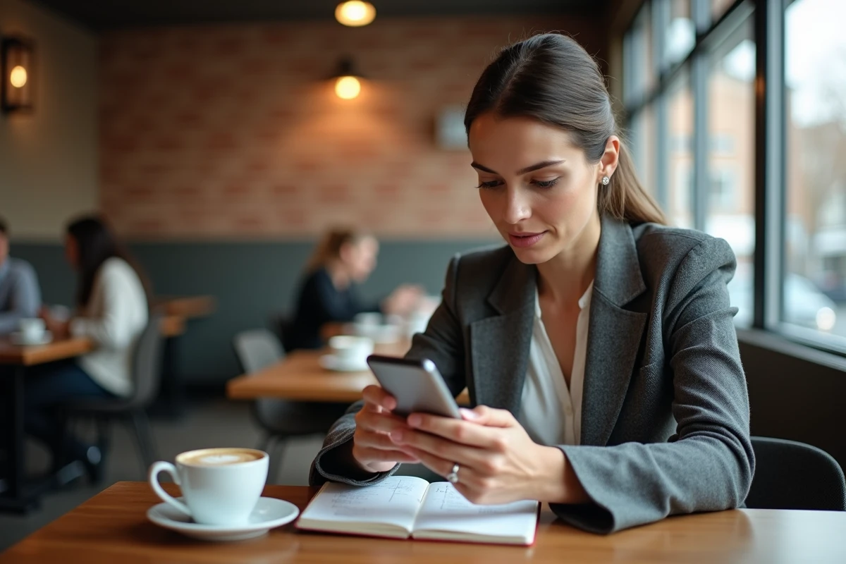 Femme consultant une plateforme crypto sur son smartphone dans un café avec des notes sur la déclaration de comptes étrangers