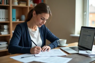 Femme remplissant le formulaire H1 impôt à son bureau à domicile avec des documents fiscaux organisés