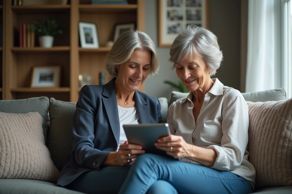 Deux femmes discutant de dépenses sur une tablette