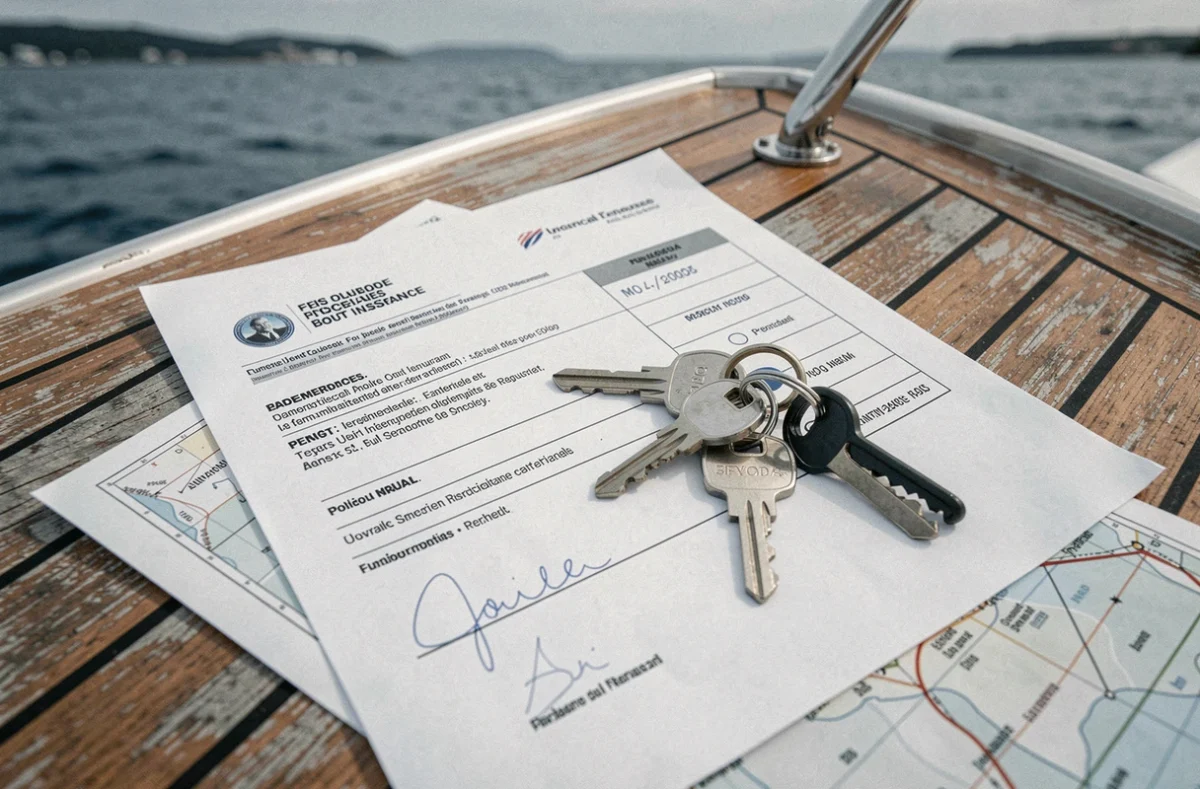 Document officiel d'assurance bateau posé sur le pont en teck d'un bateau à moteur avec des clés nautiques