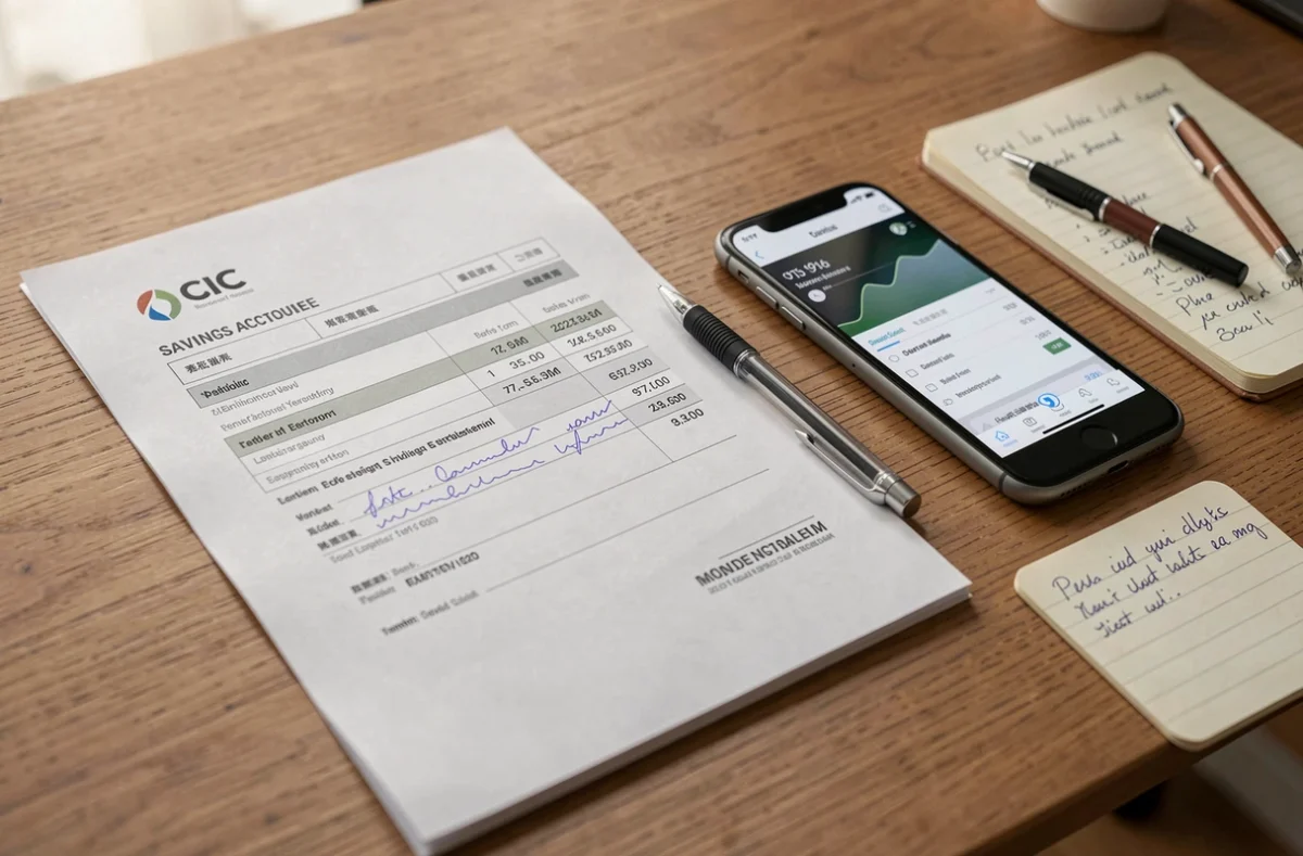 Documents d'épargne salariale CIC, smartphone avec application bancaire et notes manuscrites sur un bureau
