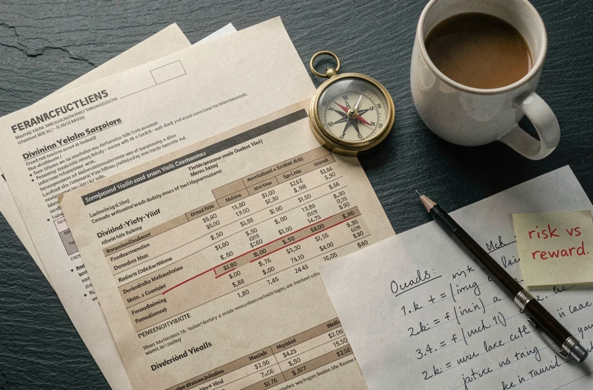 Vue en plongée d'une table de travail avec documents financiers, calculs manuscrits et outils d'analyse de risque