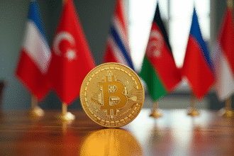Drapeaux nationaux autour d'un Bitcoin doré brillant