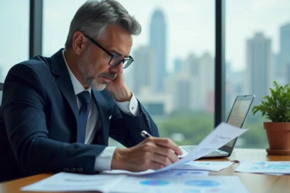 Économiste d'âge moyen en costume analysant des graphiques