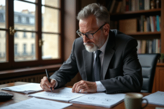 Économiste français analysant un graphique dans son bureau parisien