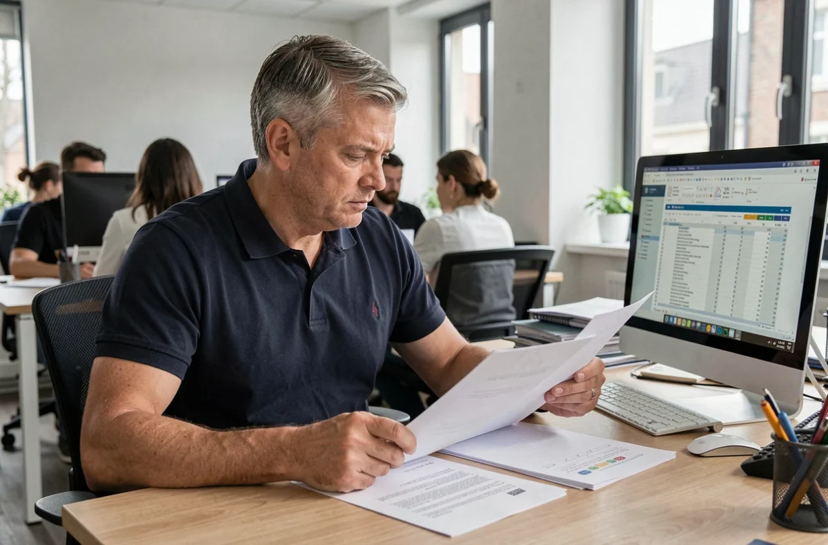 Employé de bureau comparant des documents de salaire pour contrôler la conformité au SMIC pour 25 heures hebdomadaires