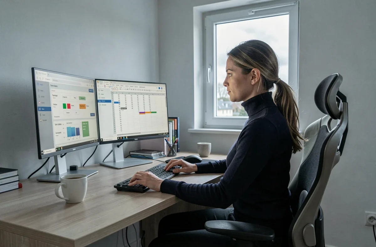 Une professionnelle effectue une simulation de rachat de crédit en ligne sur la plateforme Empruntis depuis le Nord