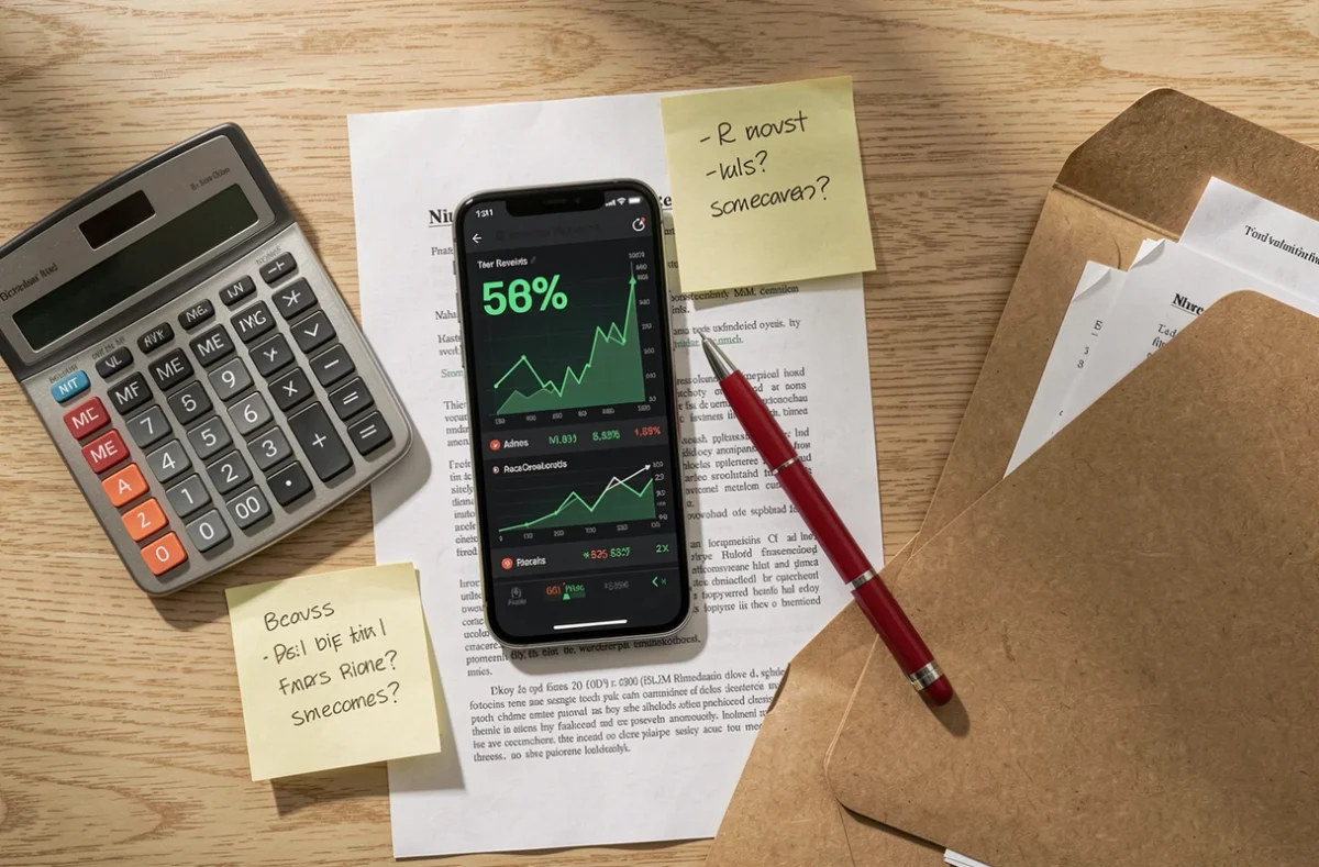 Vue aérienne d'un bureau d'enquête avec rapport financier imprimé, calculatrice et smartphone affichant des données de rendement