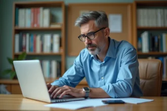 Professeur homme en bureau lumineux avec livres et documents