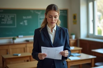 Enseignante de l'éducation nationale consultant sa fiche de paie dans une salle de classe française